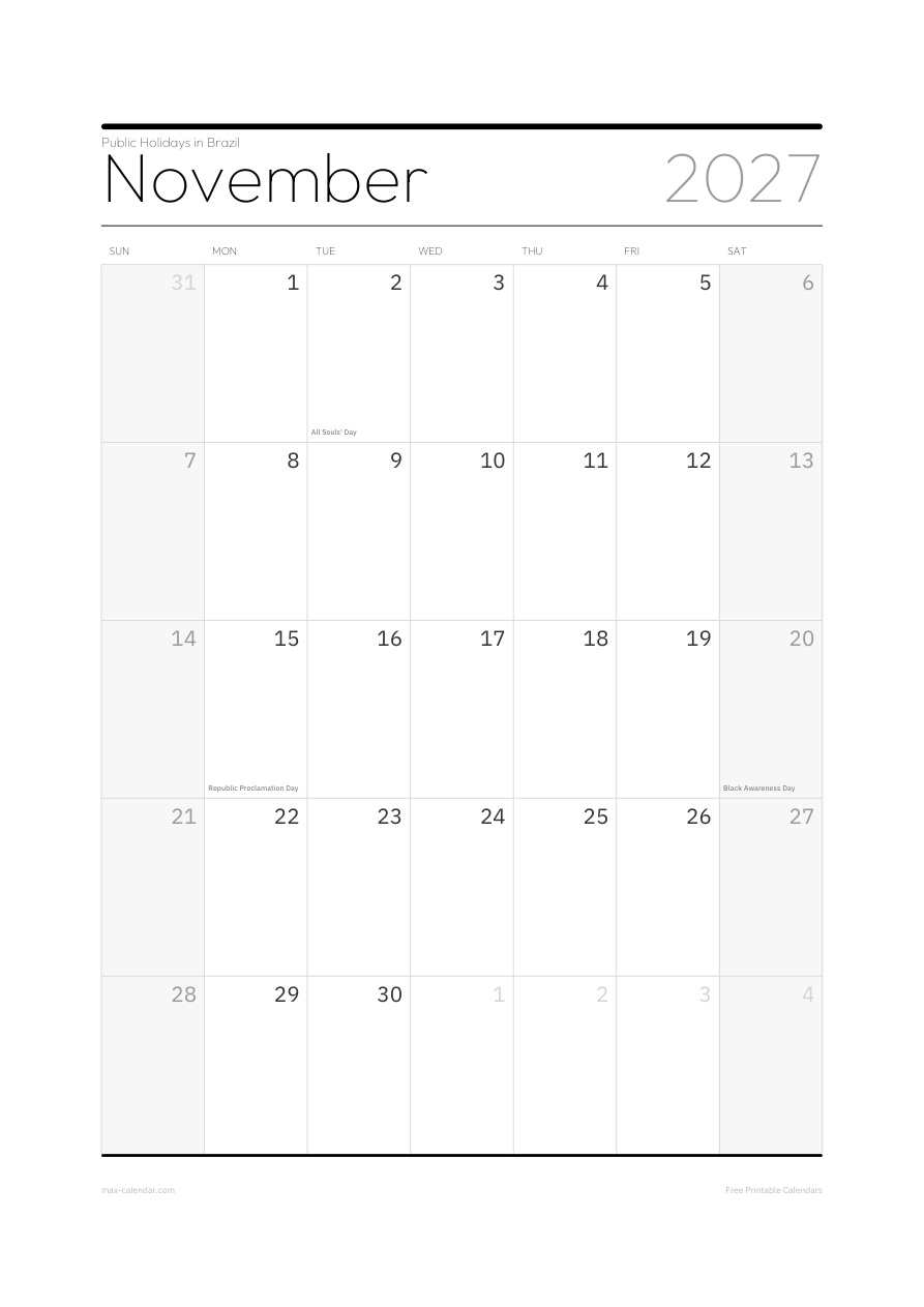 Brazil November 2027 holiday calendar — portrait, week starts Sunday