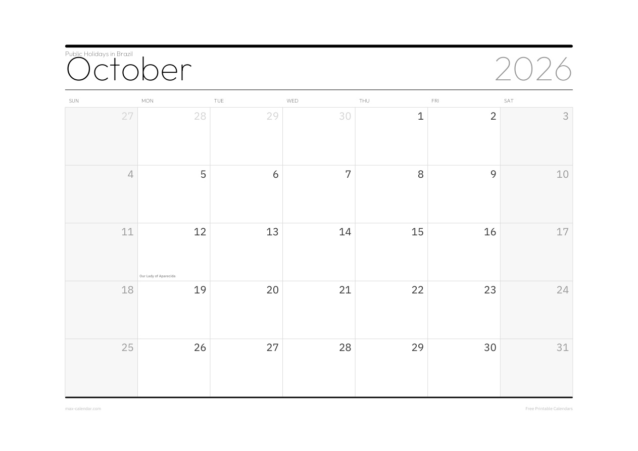 Brazil October 2026 holiday calendar — landscape, week starts Sunday