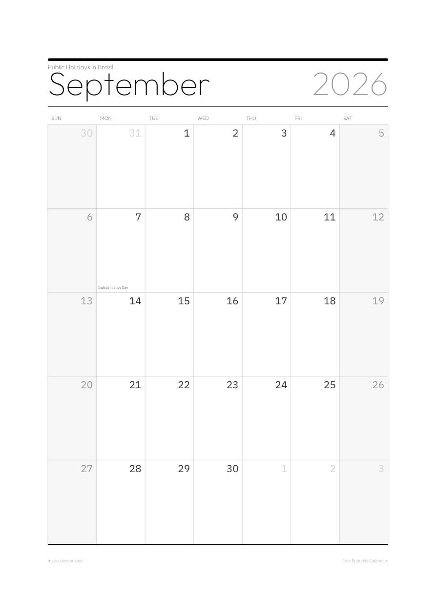 Brazil September 2026 holiday calendar — portrait, week starts Sunday