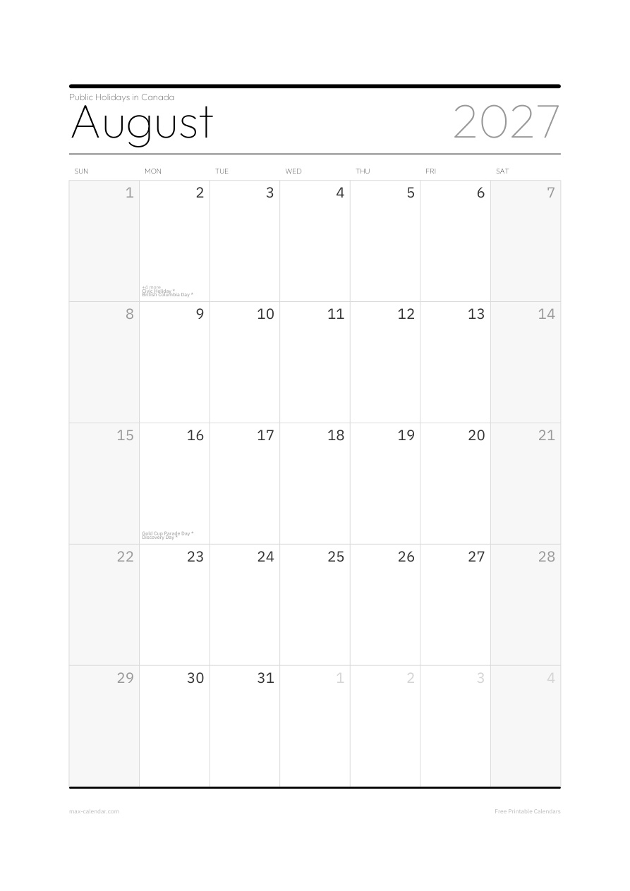 Canada August 2027 holiday calendar — portrait, week starts Sunday