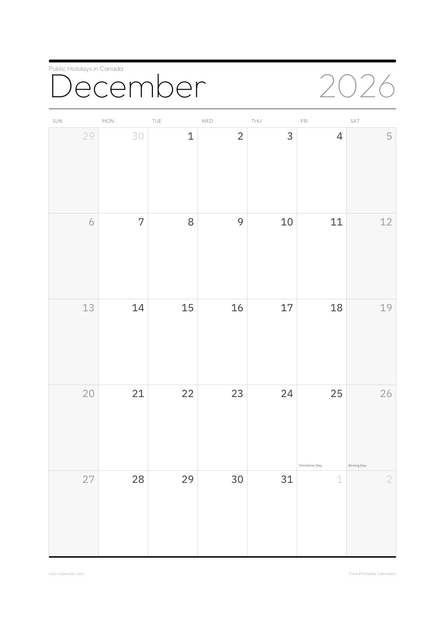 Canada December 2026 holiday calendar — portrait, week starts Sunday