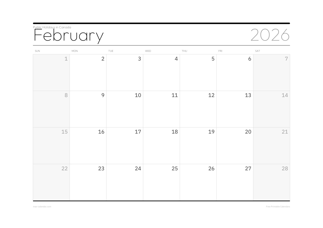 Canada February 2026 holiday calendar — landscape, week starts Sunday