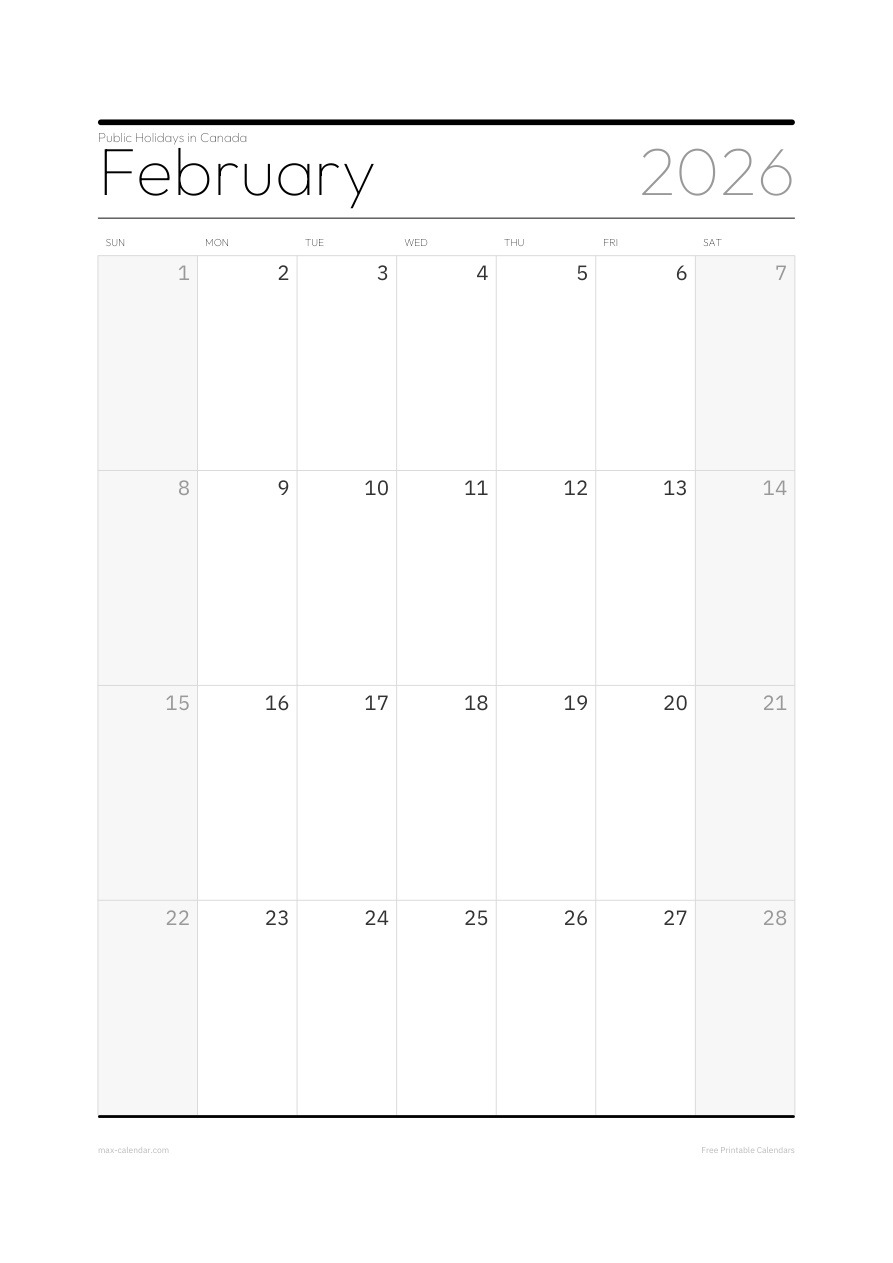 Canada February 2026 holiday calendar — portrait, week starts Sunday