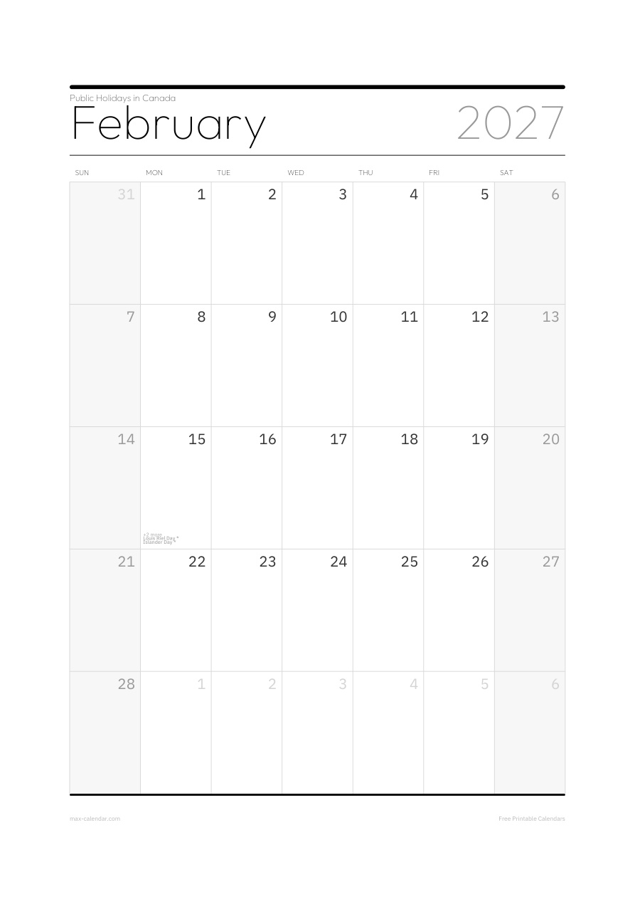 Canada February 2027 holiday calendar — portrait, week starts Sunday
