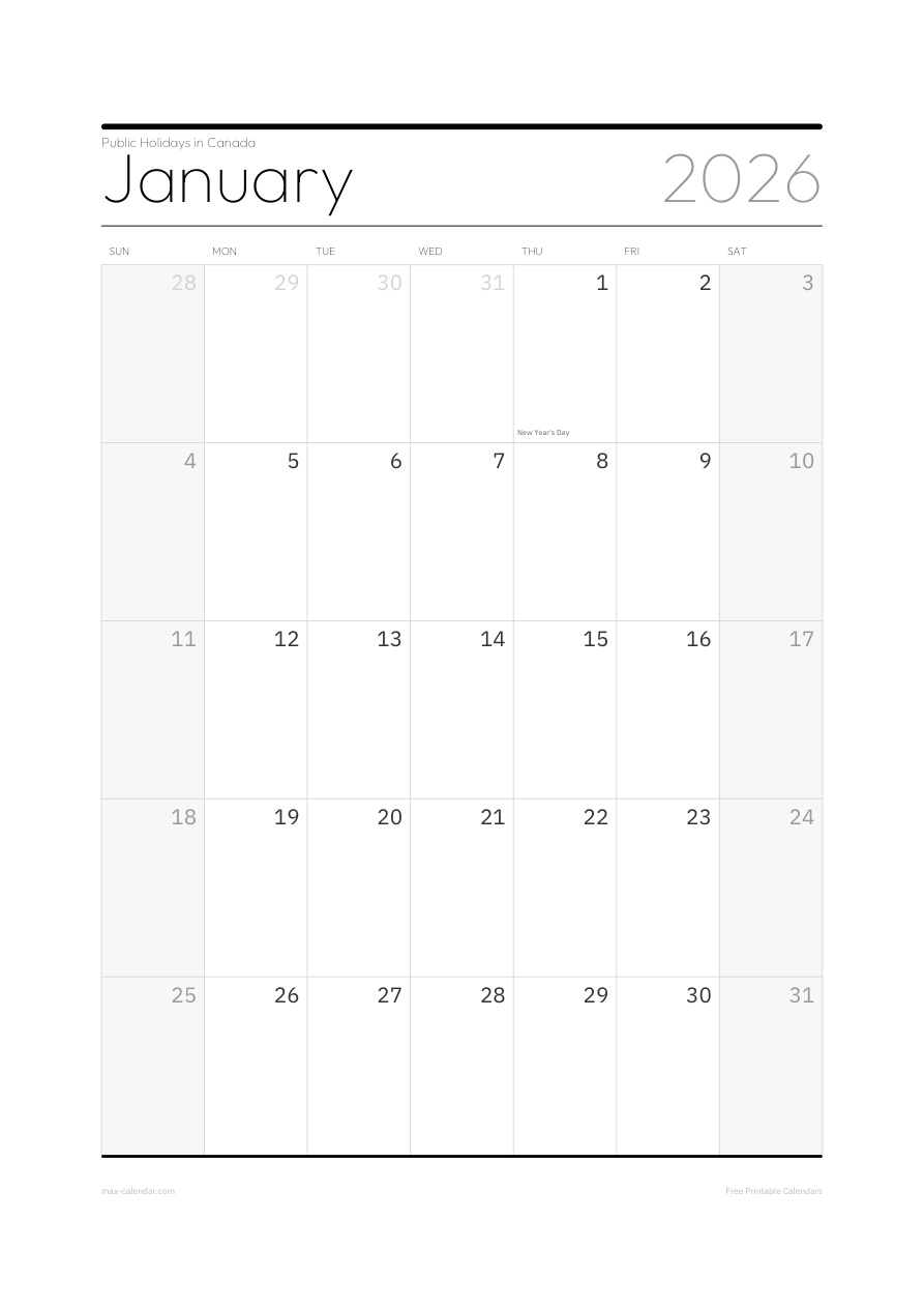 Canada January 2026 holiday calendar — portrait, week starts Sunday
