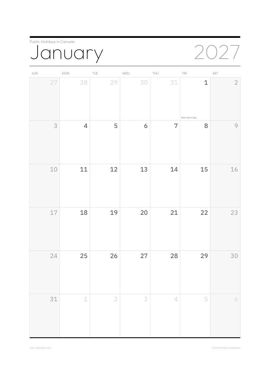 Canada January 2027 holiday calendar — portrait, week starts Sunday