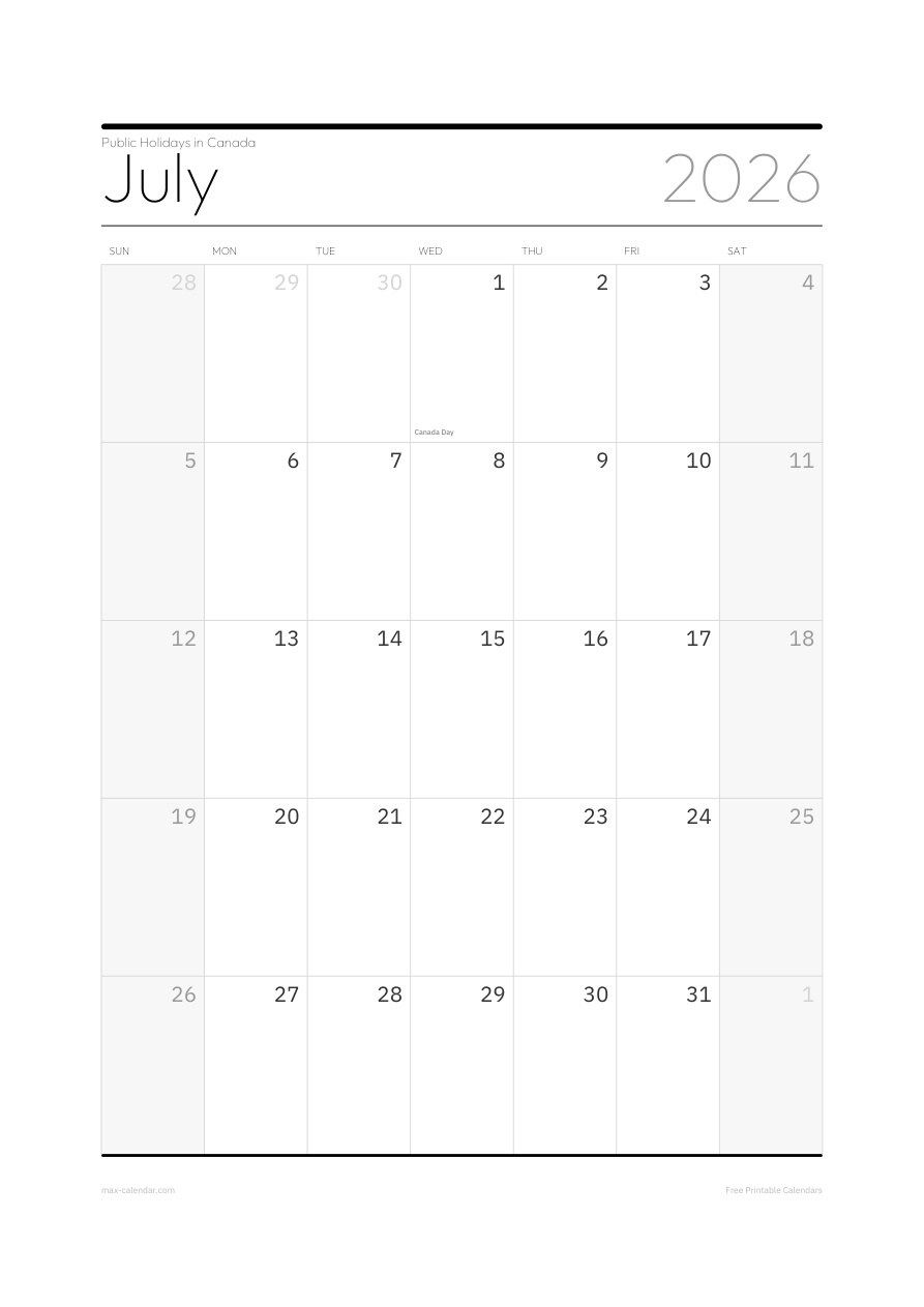 Canada July 2026 holiday calendar — portrait, week starts Sunday