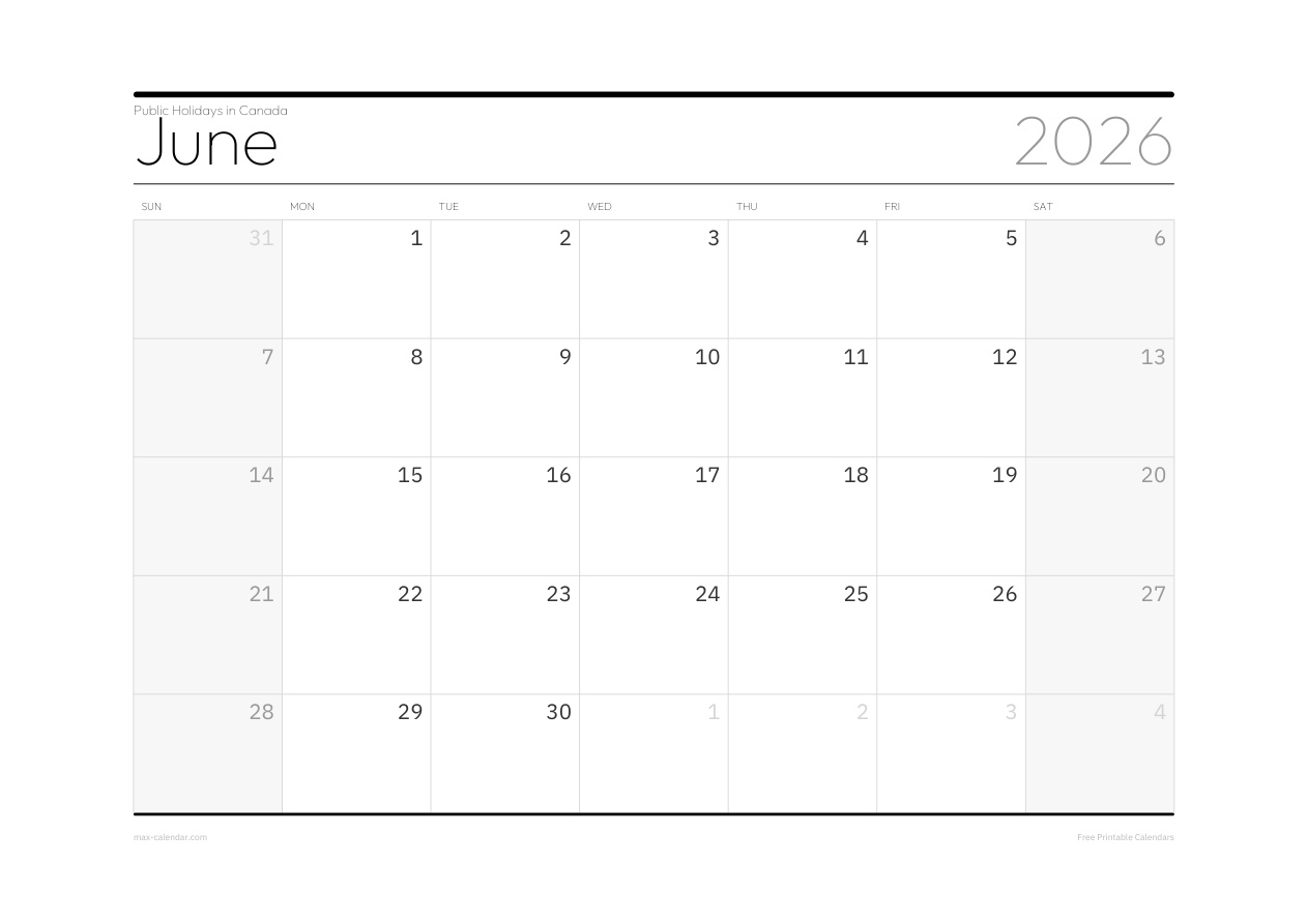 Canada June 2026 holiday calendar — landscape, week starts Sunday