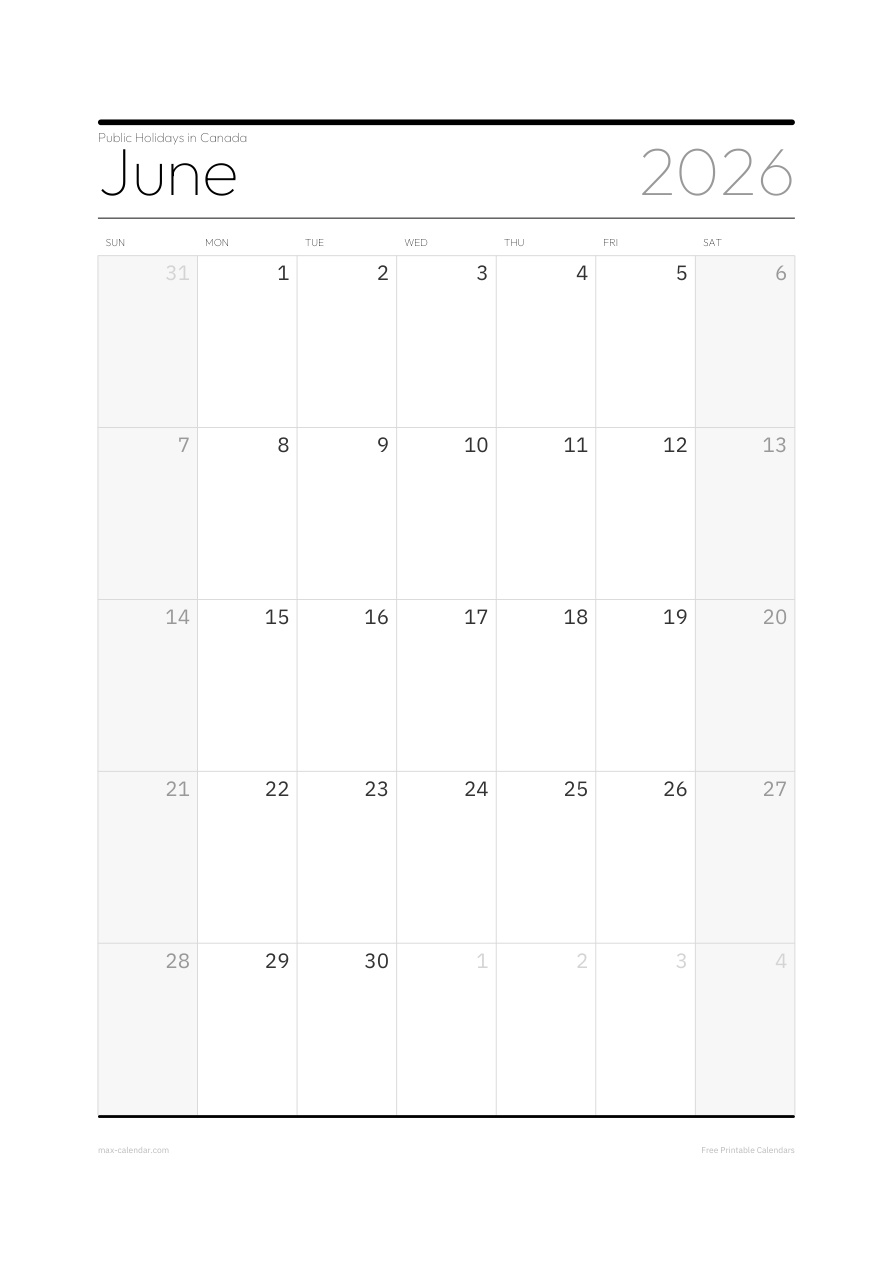 Canada June 2026 holiday calendar — portrait, week starts Sunday