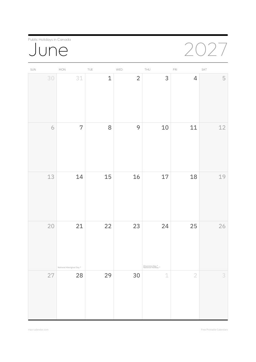 Canada June 2027 holiday calendar — portrait, week starts Sunday
