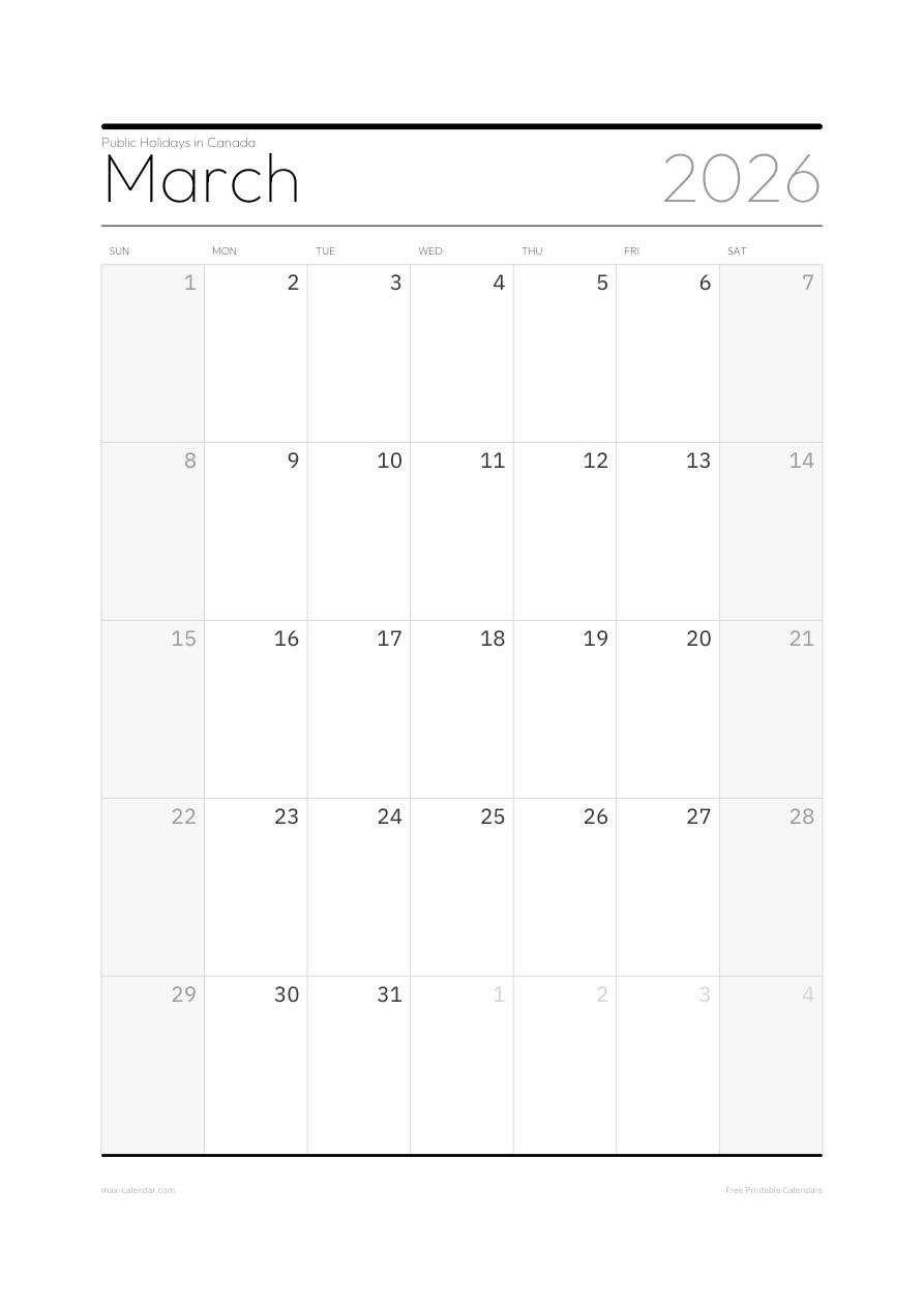 Canada March 2026 holiday calendar — portrait, week starts Sunday