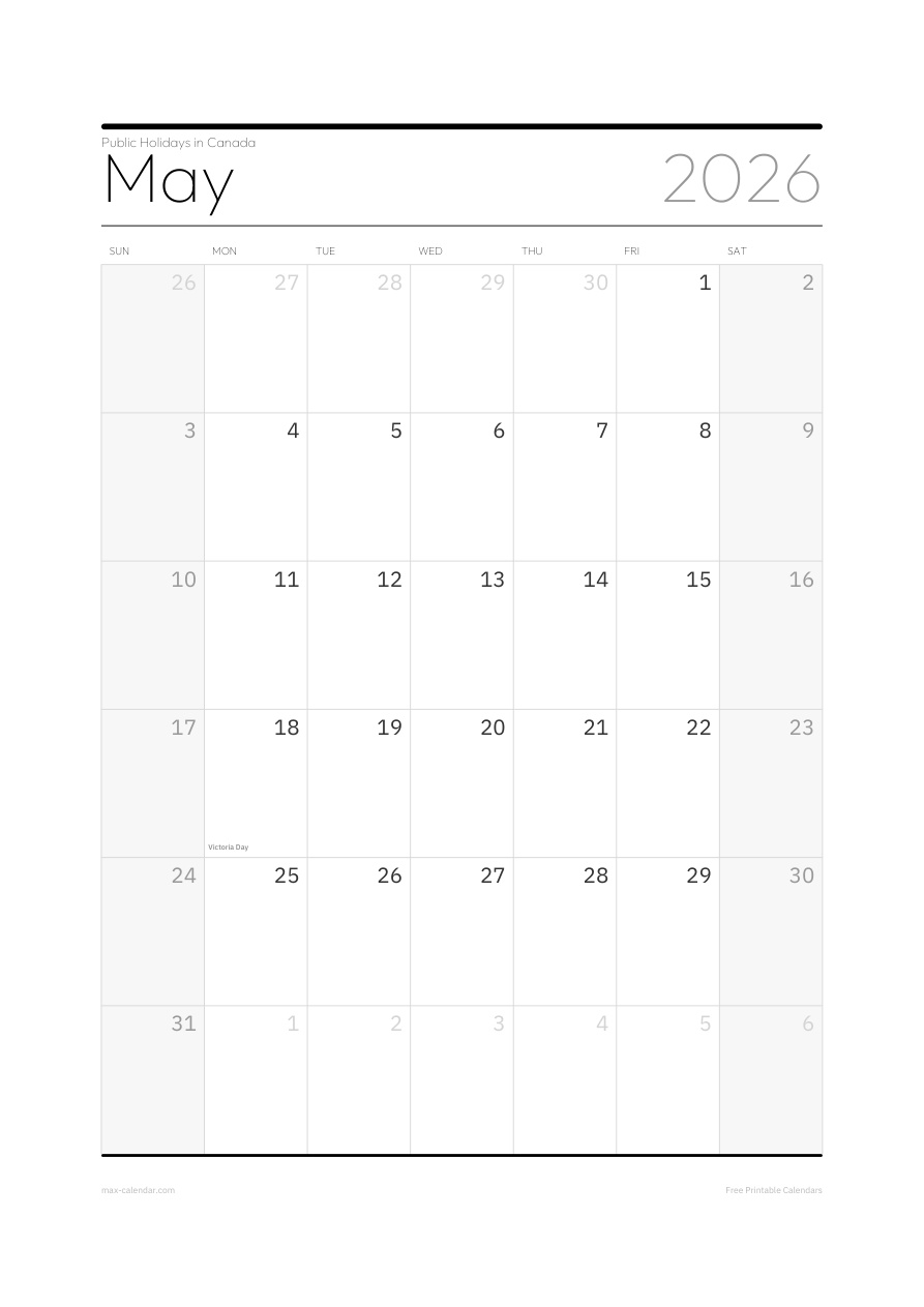 Canada May 2026 holiday calendar — portrait, week starts Sunday