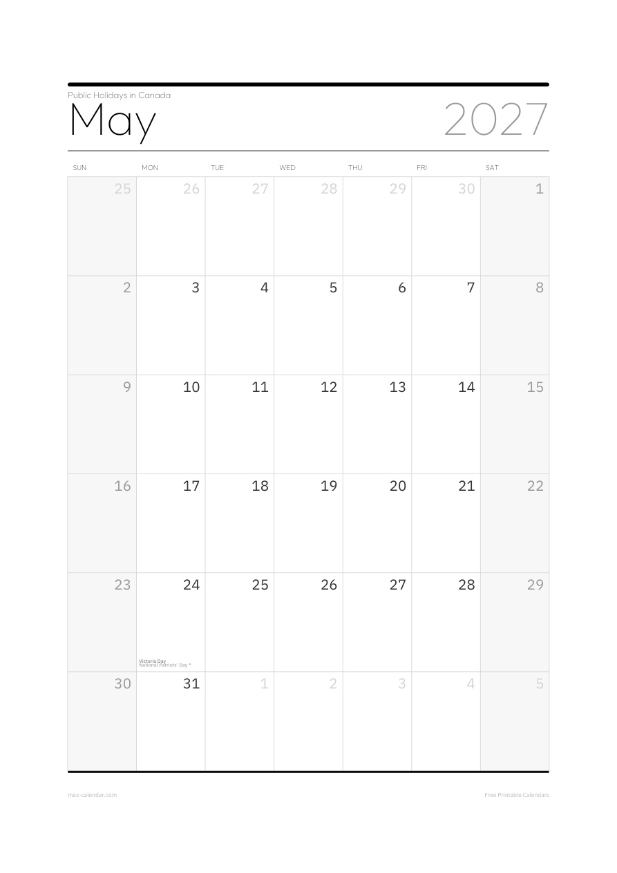 Canada May 2027 holiday calendar — portrait, week starts Sunday