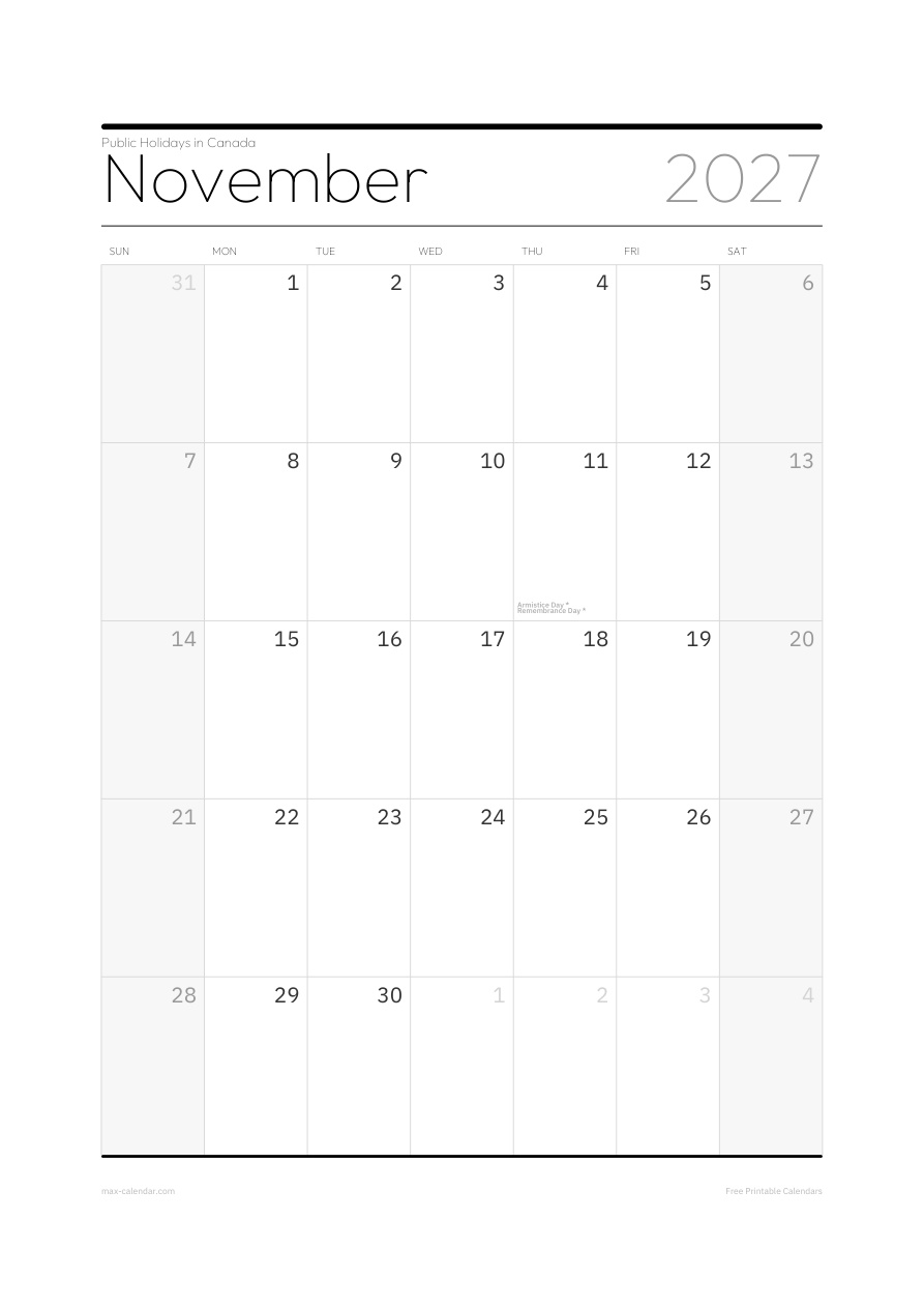 Canada November 2027 holiday calendar — portrait, week starts Sunday