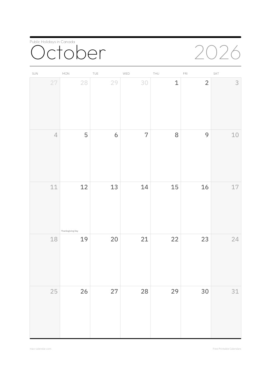 Canada October 2026 holiday calendar — portrait, week starts Sunday