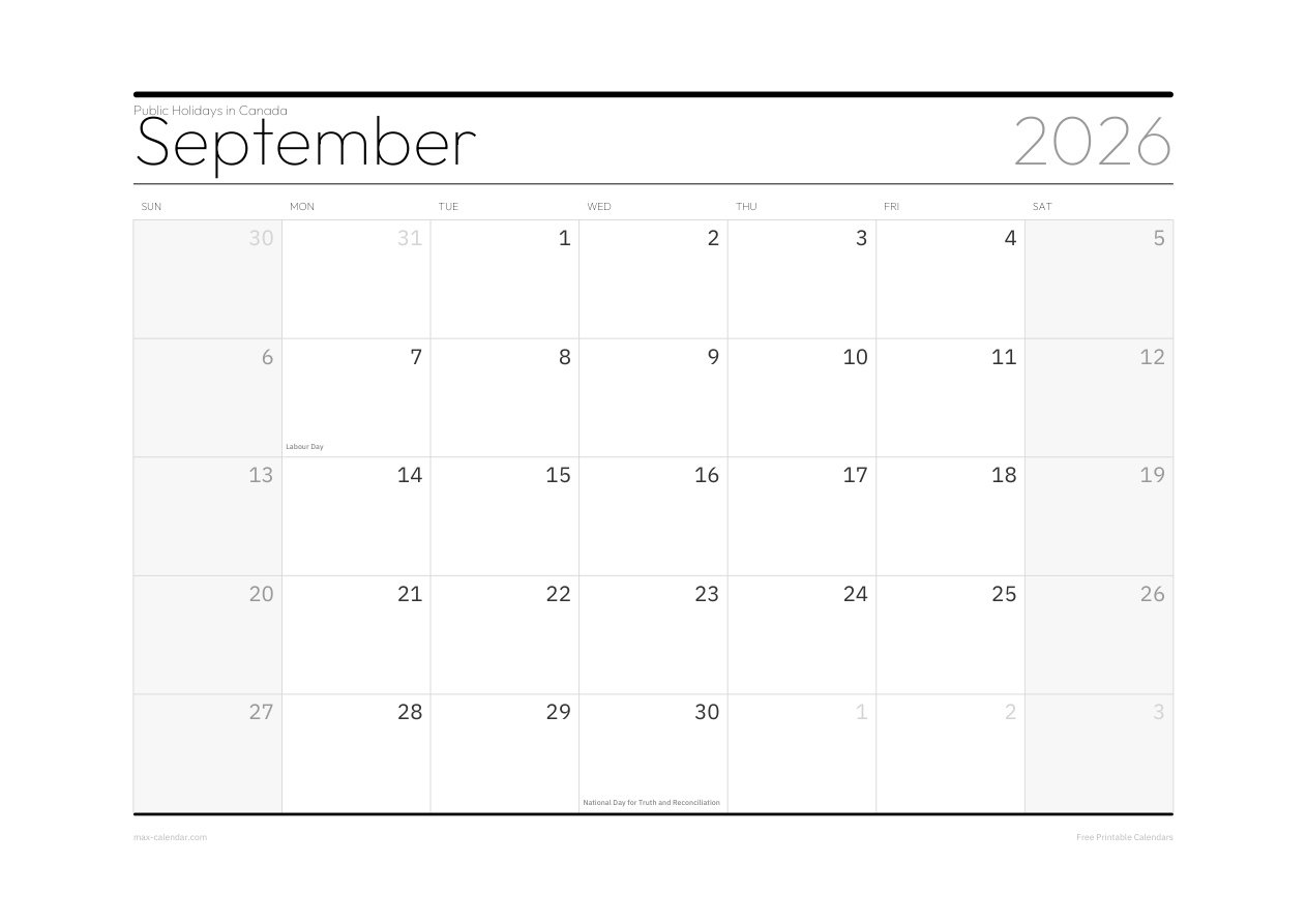 Canada September 2026 holiday calendar — landscape, week starts Sunday