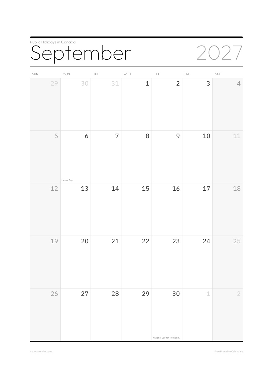 Canada September 2027 holiday calendar — portrait, week starts Sunday
