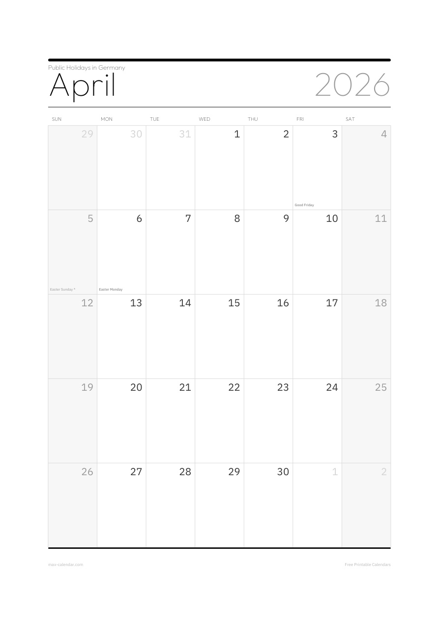 Germany April 2026 holiday calendar — portrait, week starts Sunday