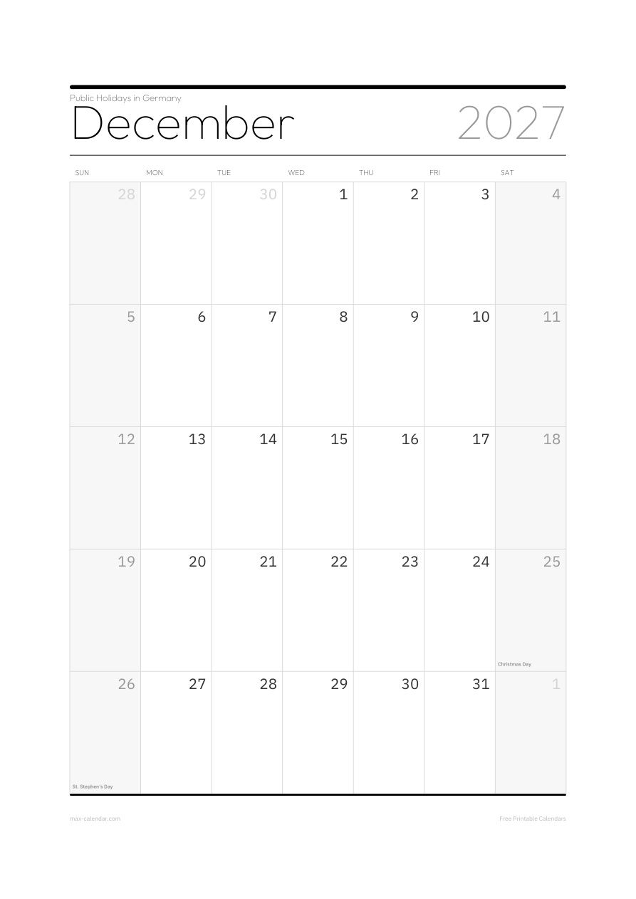 Germany December 2027 holiday calendar — portrait, week starts Sunday