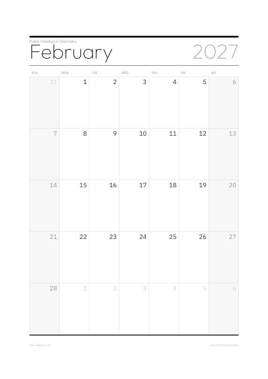 Germany February 2027 holiday calendar — portrait, week starts Sunday