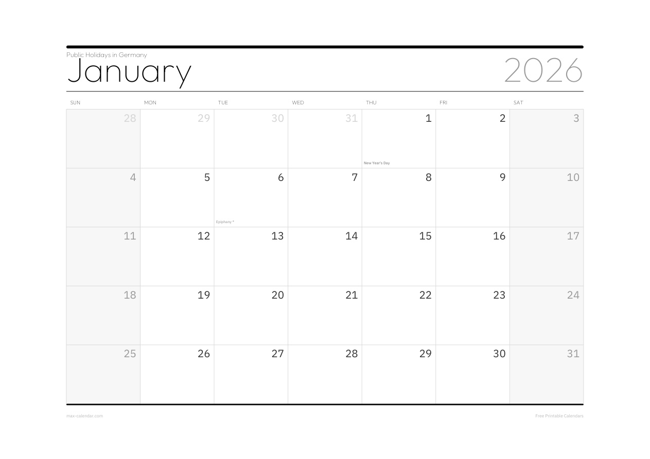 Germany January 2026 holiday calendar — landscape, week starts Sunday