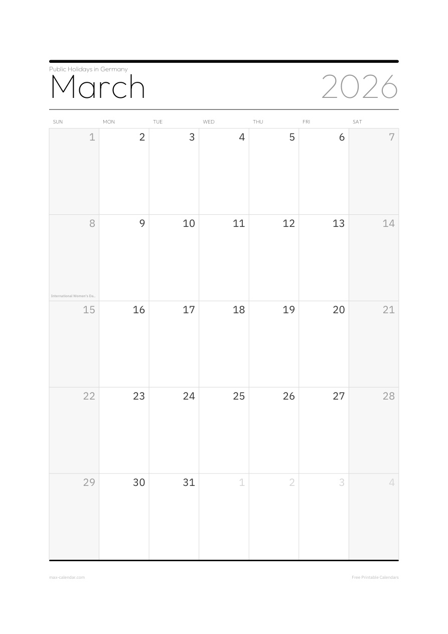 Germany March 2026 holiday calendar — portrait, week starts Sunday