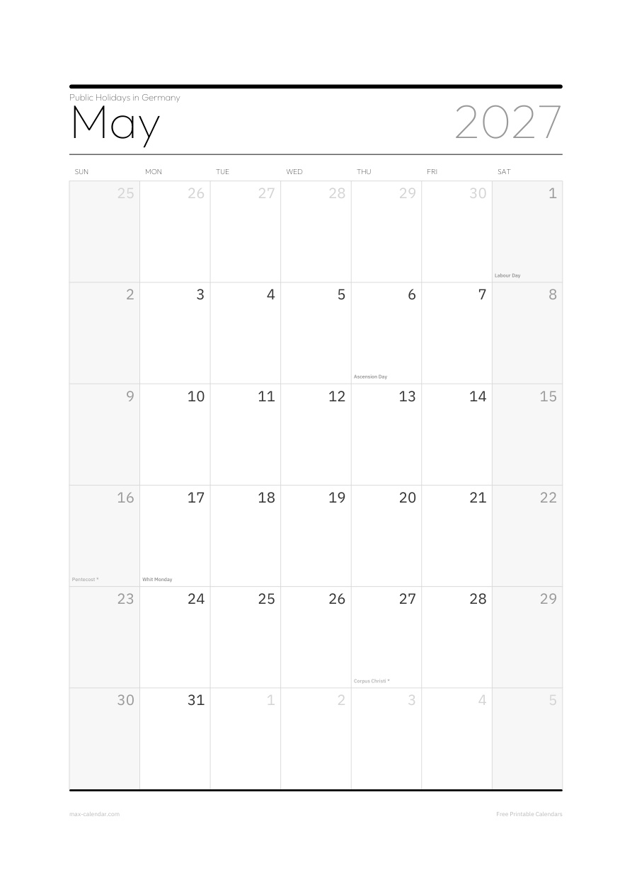 Germany May 2027 holiday calendar — portrait, week starts Sunday