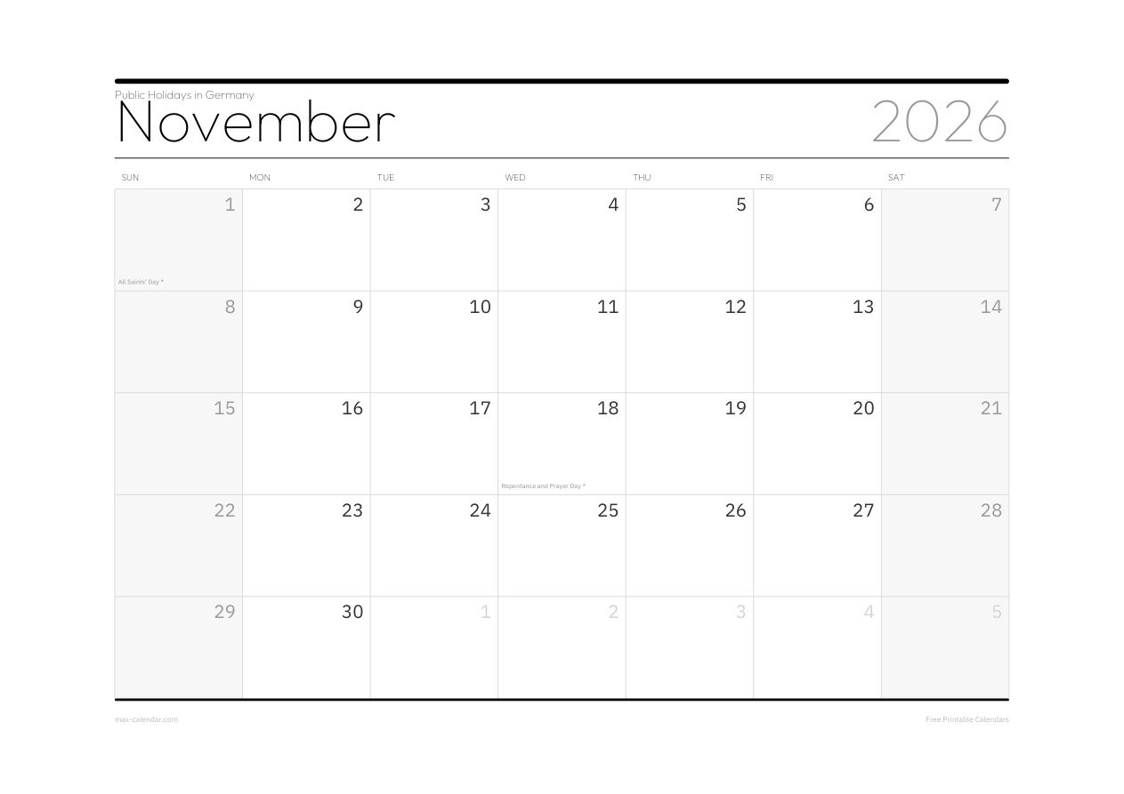 Germany November 2026 holiday calendar — landscape, week starts Sunday