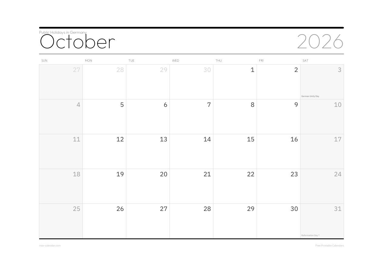 Germany October 2026 holiday calendar — landscape, week starts Sunday