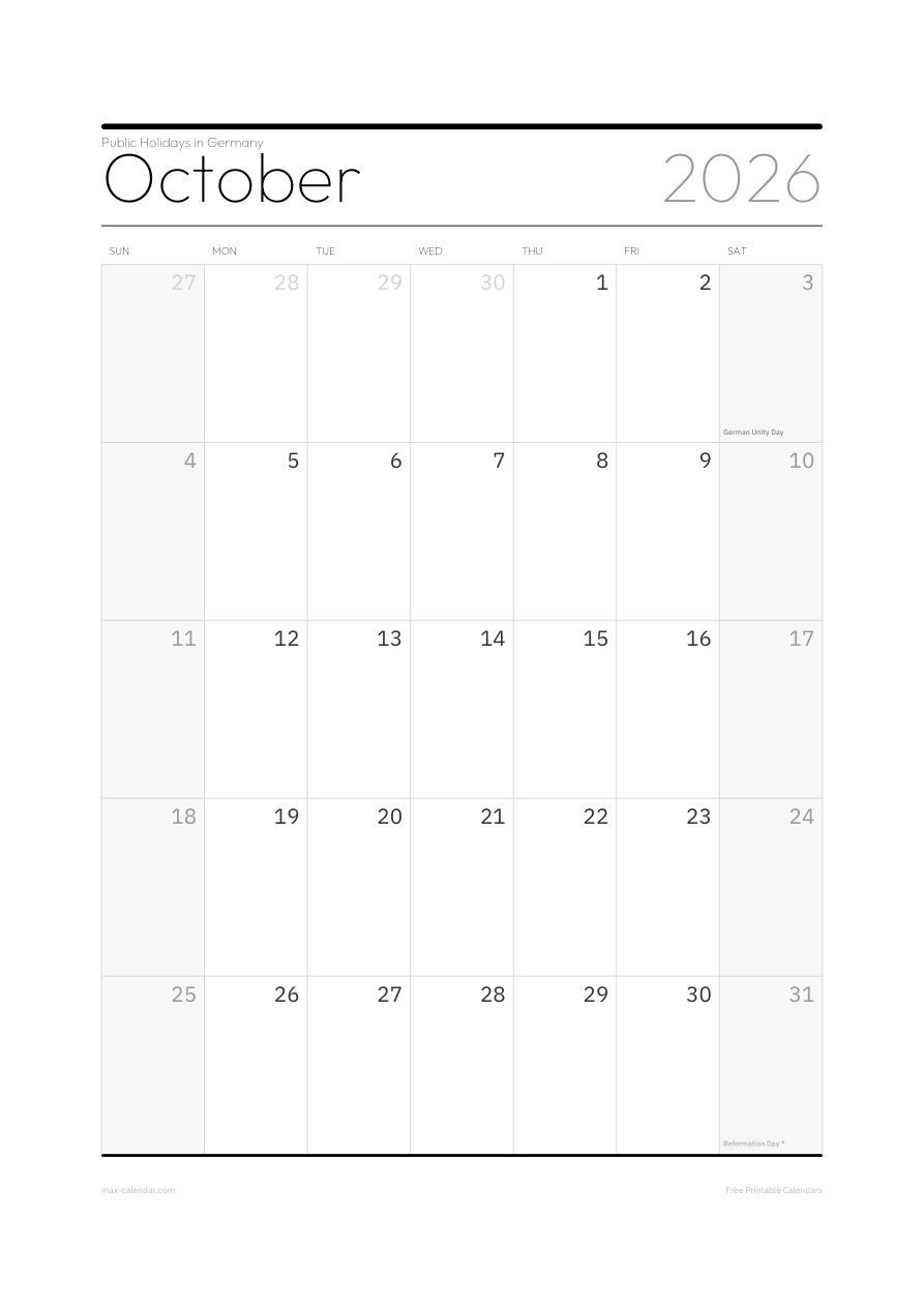 Germany October 2026 holiday calendar — portrait, week starts Sunday