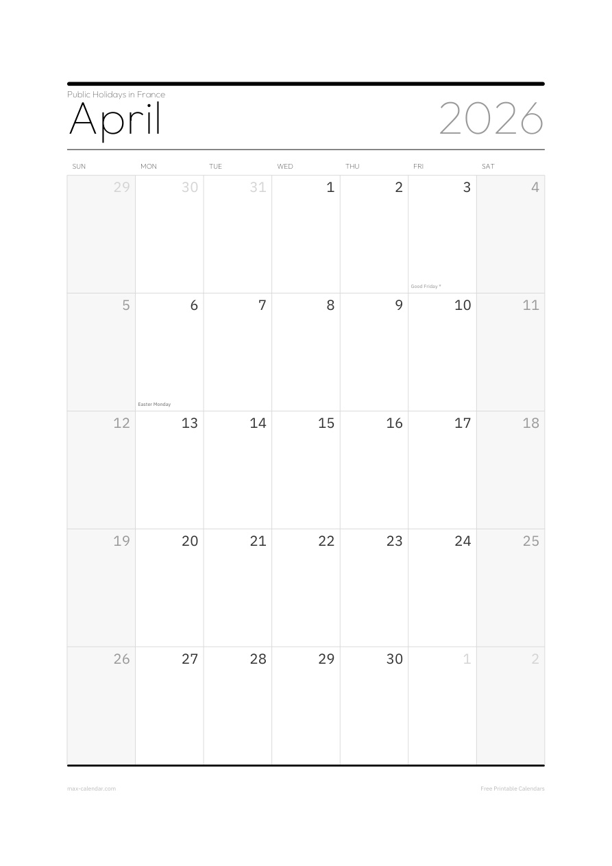 France April 2026 holiday calendar — portrait, week starts Sunday