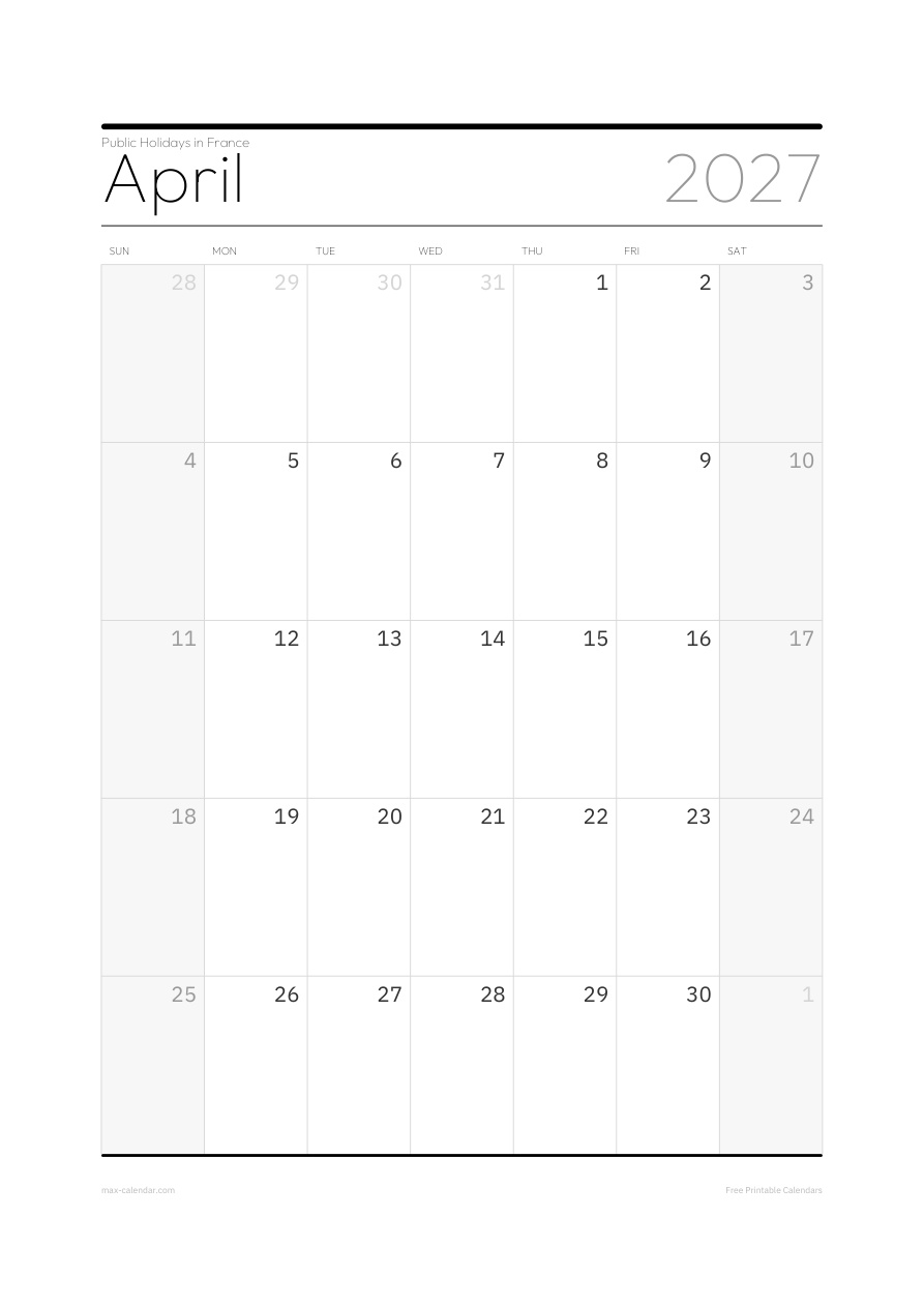 France April 2027 holiday calendar — portrait, week starts Sunday