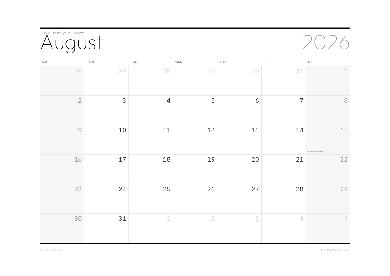 France August 2026 holiday calendar — landscape, week starts Sunday