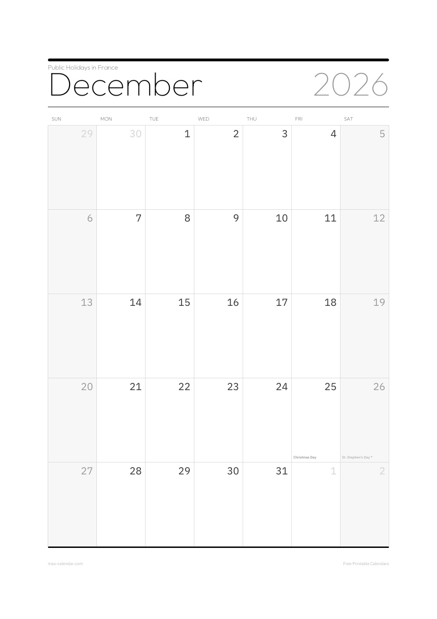 France December 2026 holiday calendar — portrait, week starts Sunday