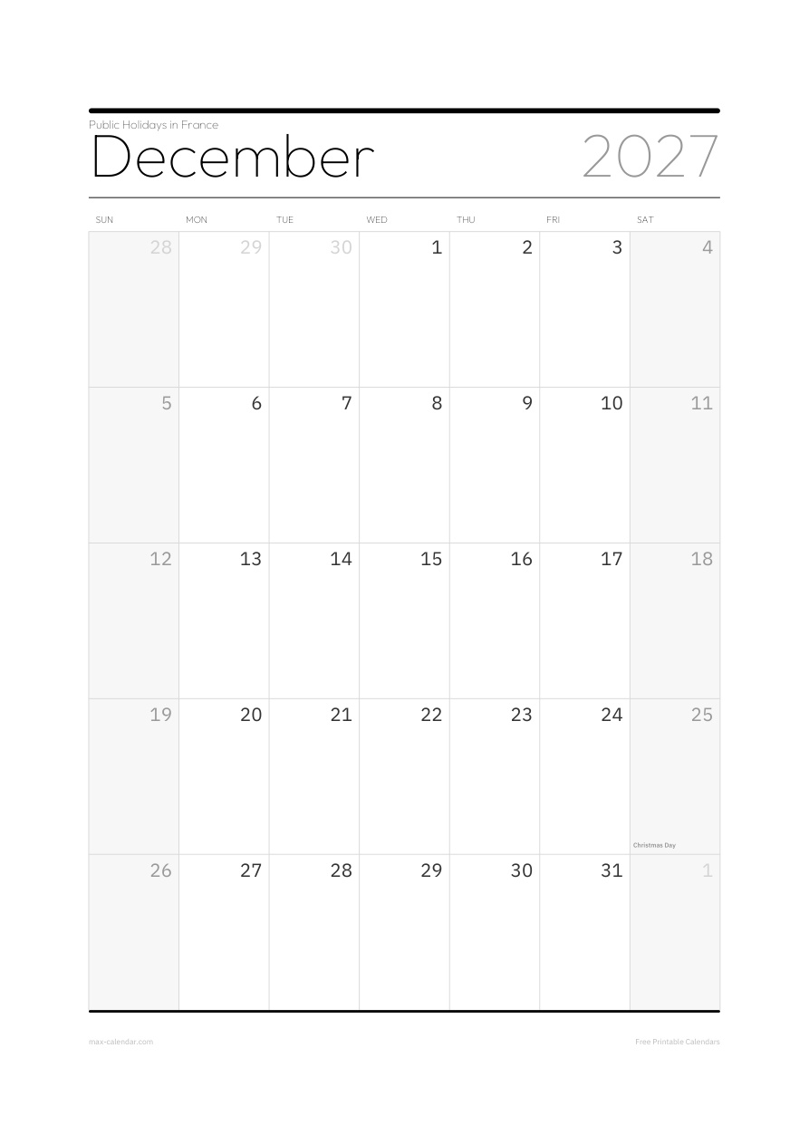 France December 2027 holiday calendar — portrait, week starts Sunday