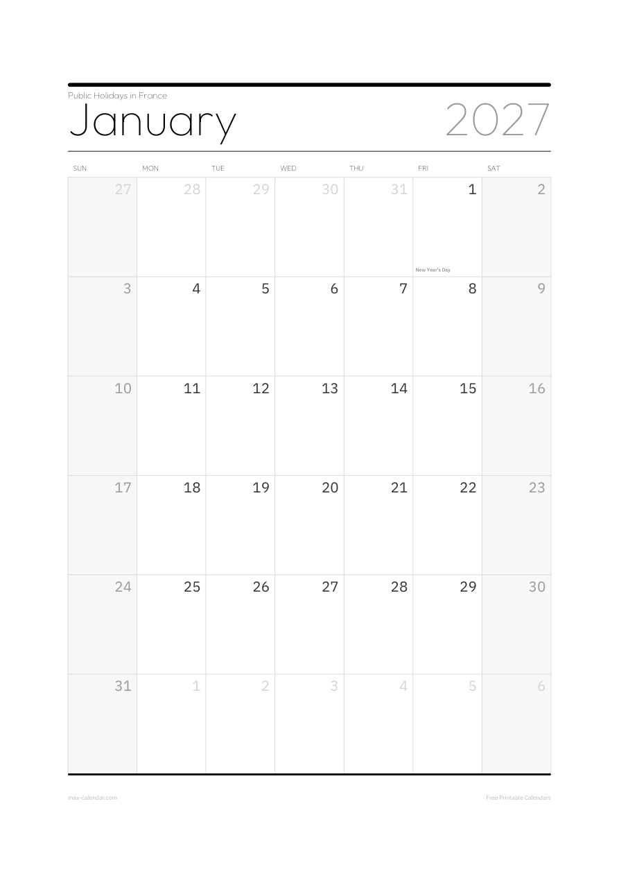 France January 2027 holiday calendar — portrait, week starts Sunday
