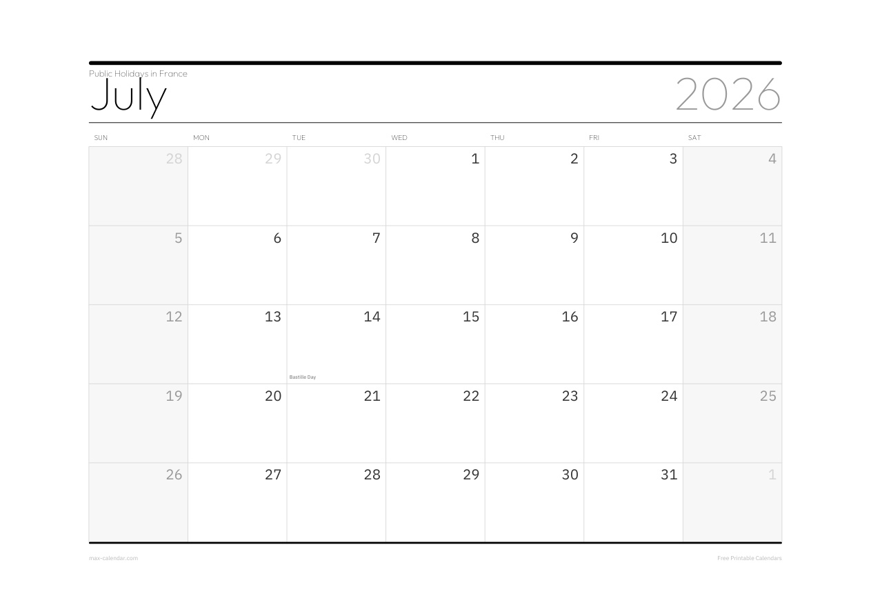 France July 2026 holiday calendar — landscape, week starts Sunday