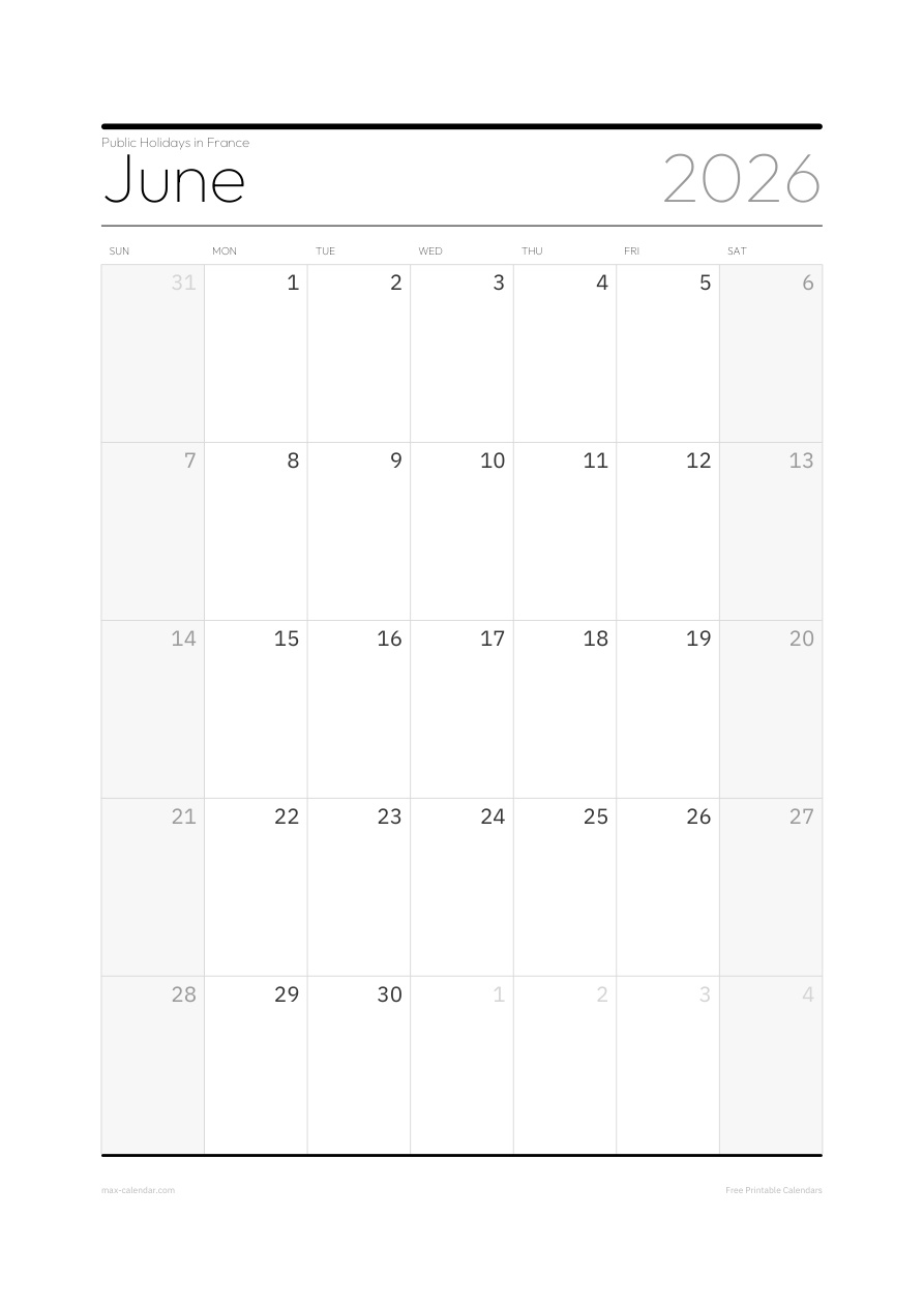 France June 2026 holiday calendar — portrait, week starts Sunday