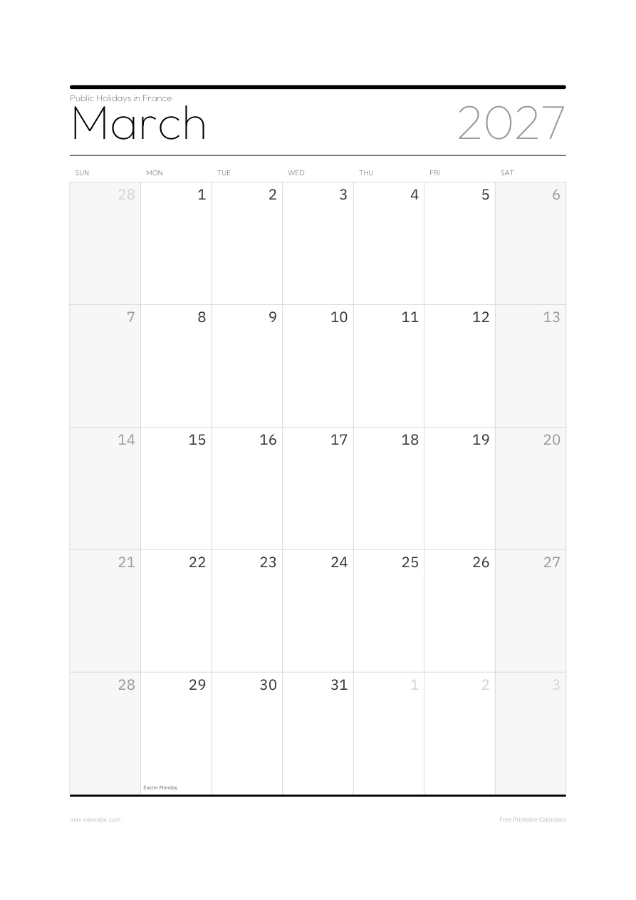 France March 2027 holiday calendar — portrait, week starts Sunday