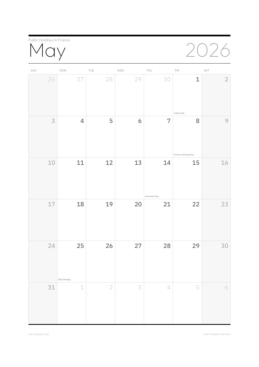 France May 2026 holiday calendar — portrait, week starts Sunday