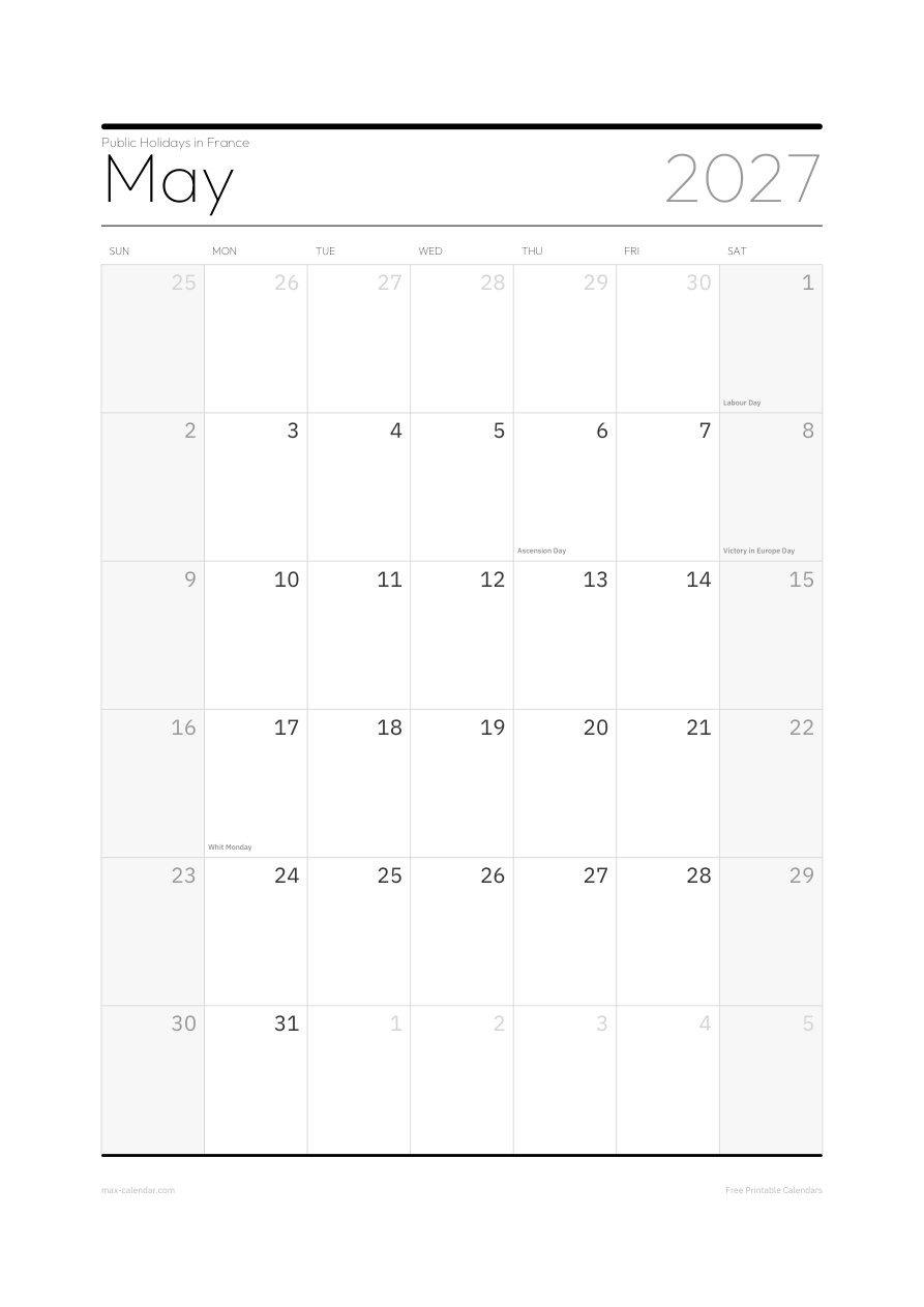 France May 2027 holiday calendar — portrait, week starts Sunday