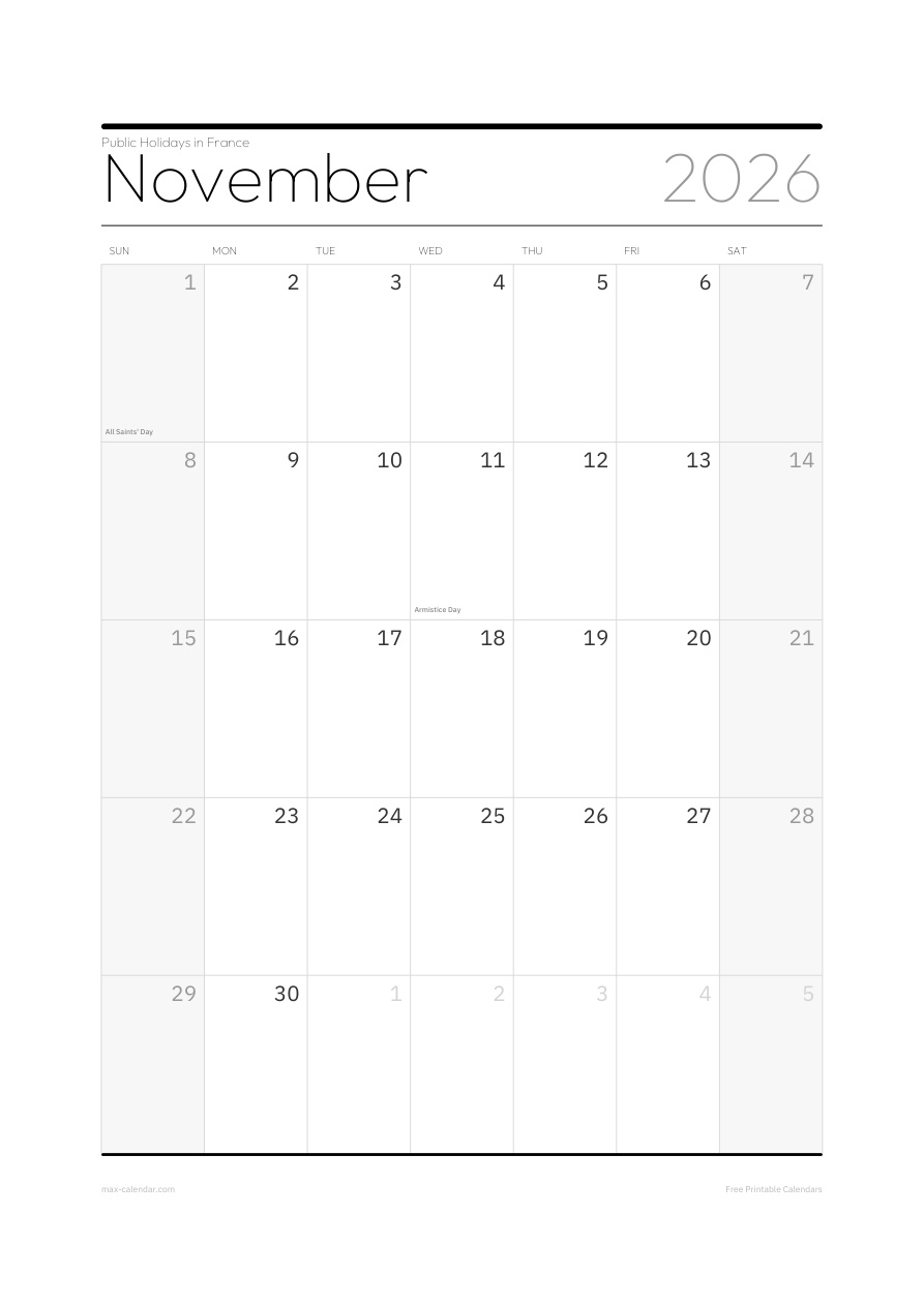 France November 2026 holiday calendar — portrait, week starts Sunday