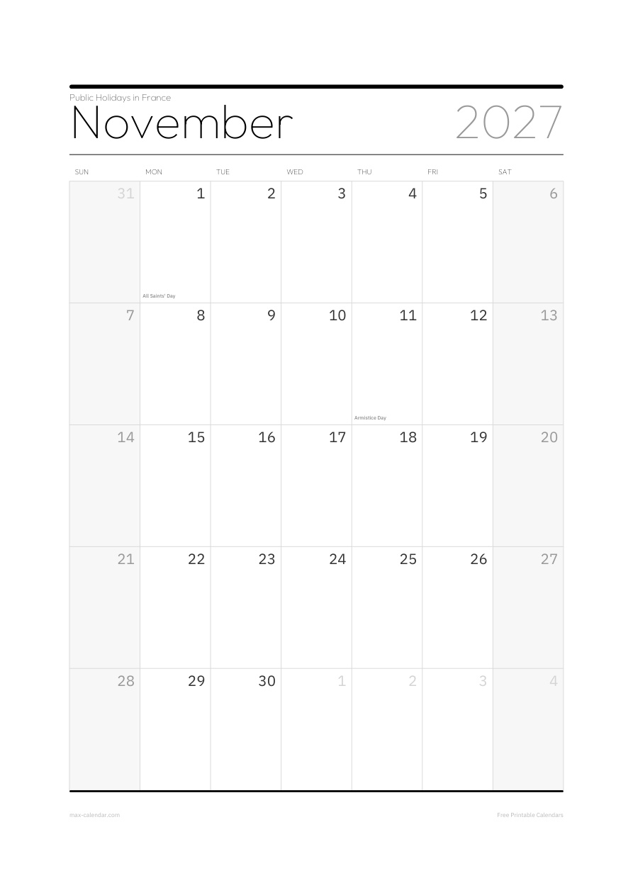 France November 2027 holiday calendar — portrait, week starts Sunday