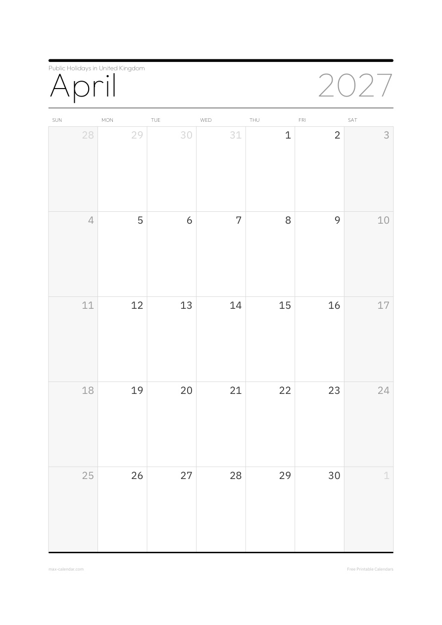 United Kingdom April 2027 holiday calendar — portrait, week starts Sunday