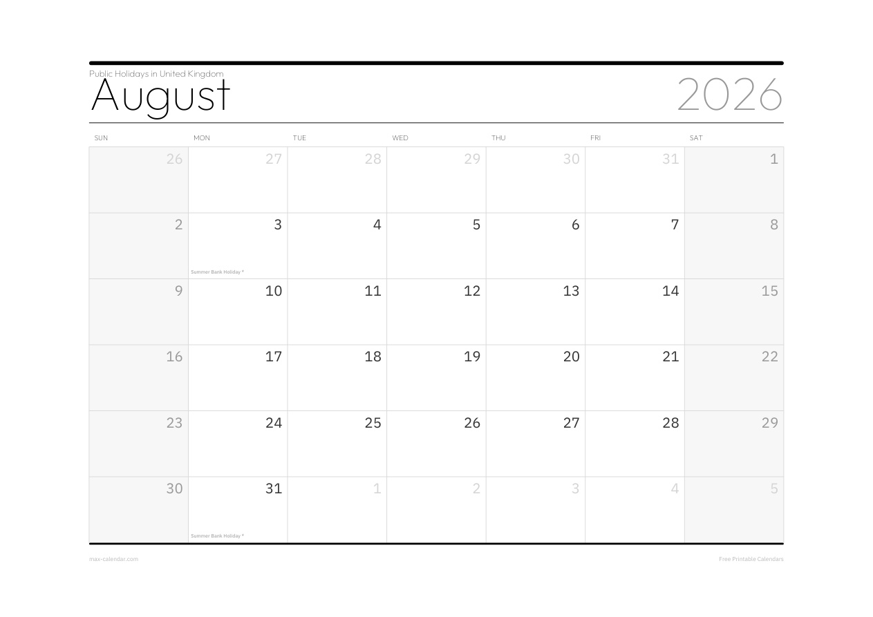 United Kingdom August 2026 holiday calendar — landscape, week starts Sunday