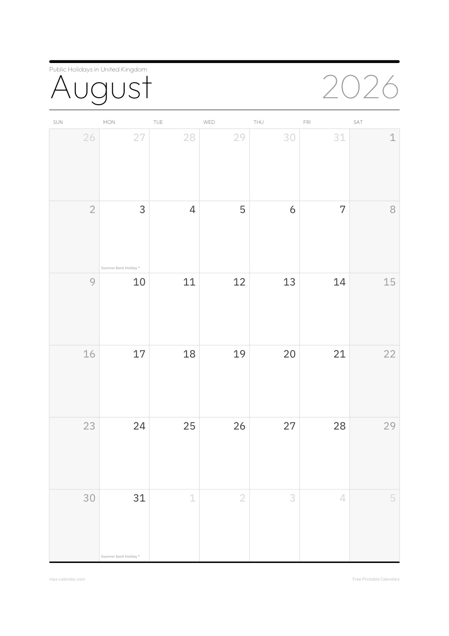 United Kingdom August 2026 holiday calendar — portrait, week starts Sunday