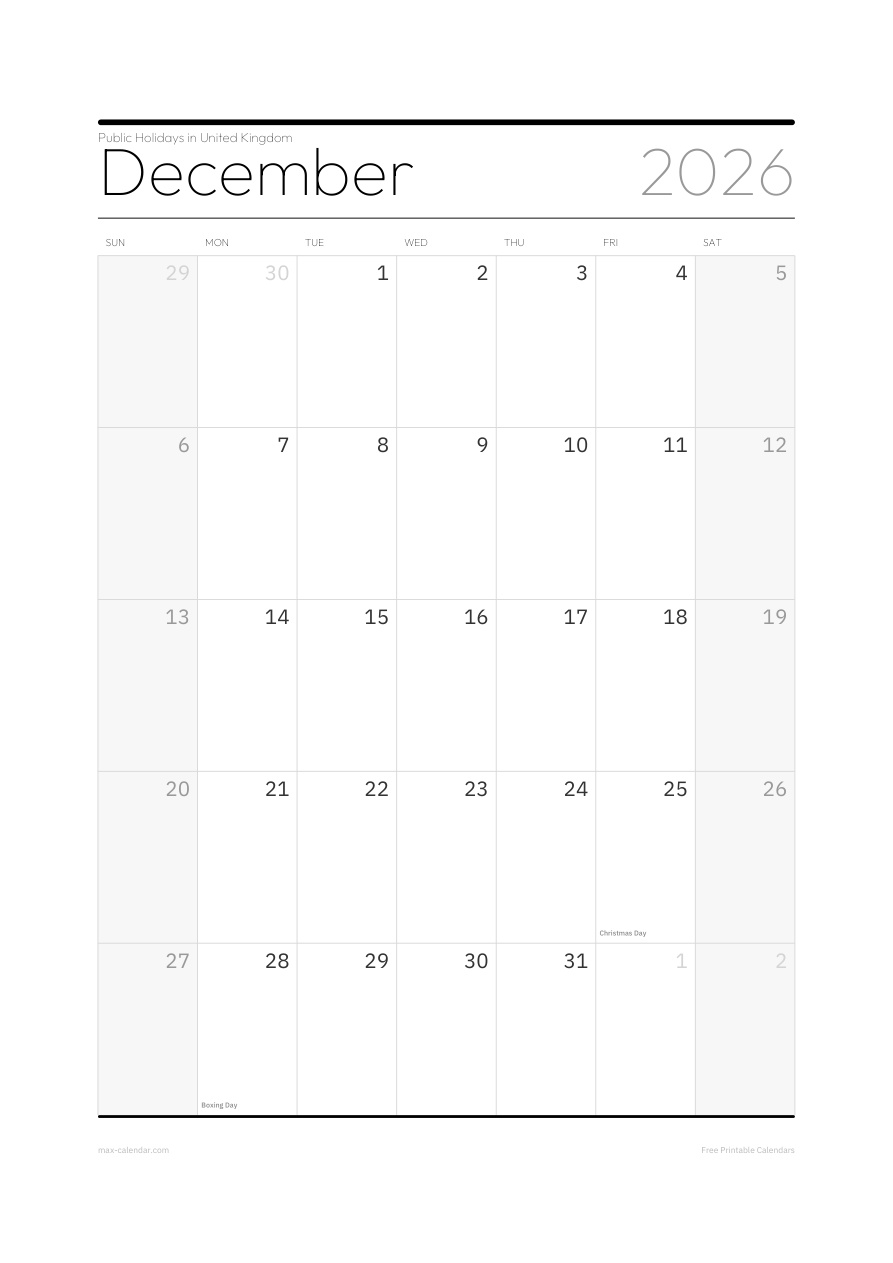 United Kingdom December 2026 holiday calendar — portrait, week starts Sunday