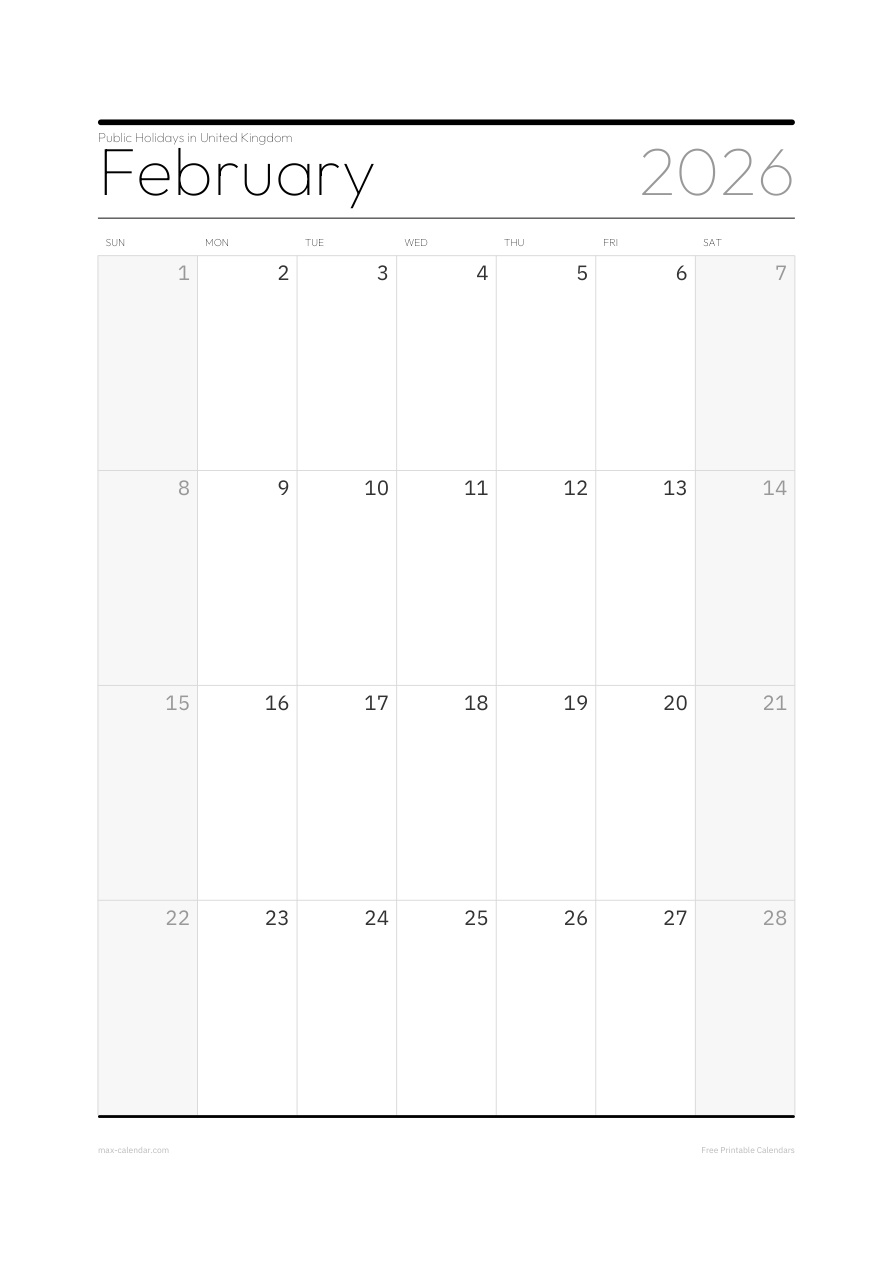United Kingdom February 2026 holiday calendar — portrait, week starts Sunday