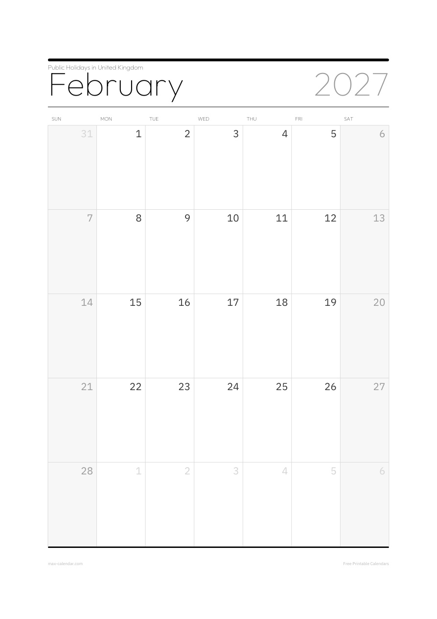 United Kingdom February 2027 holiday calendar — portrait, week starts Sunday