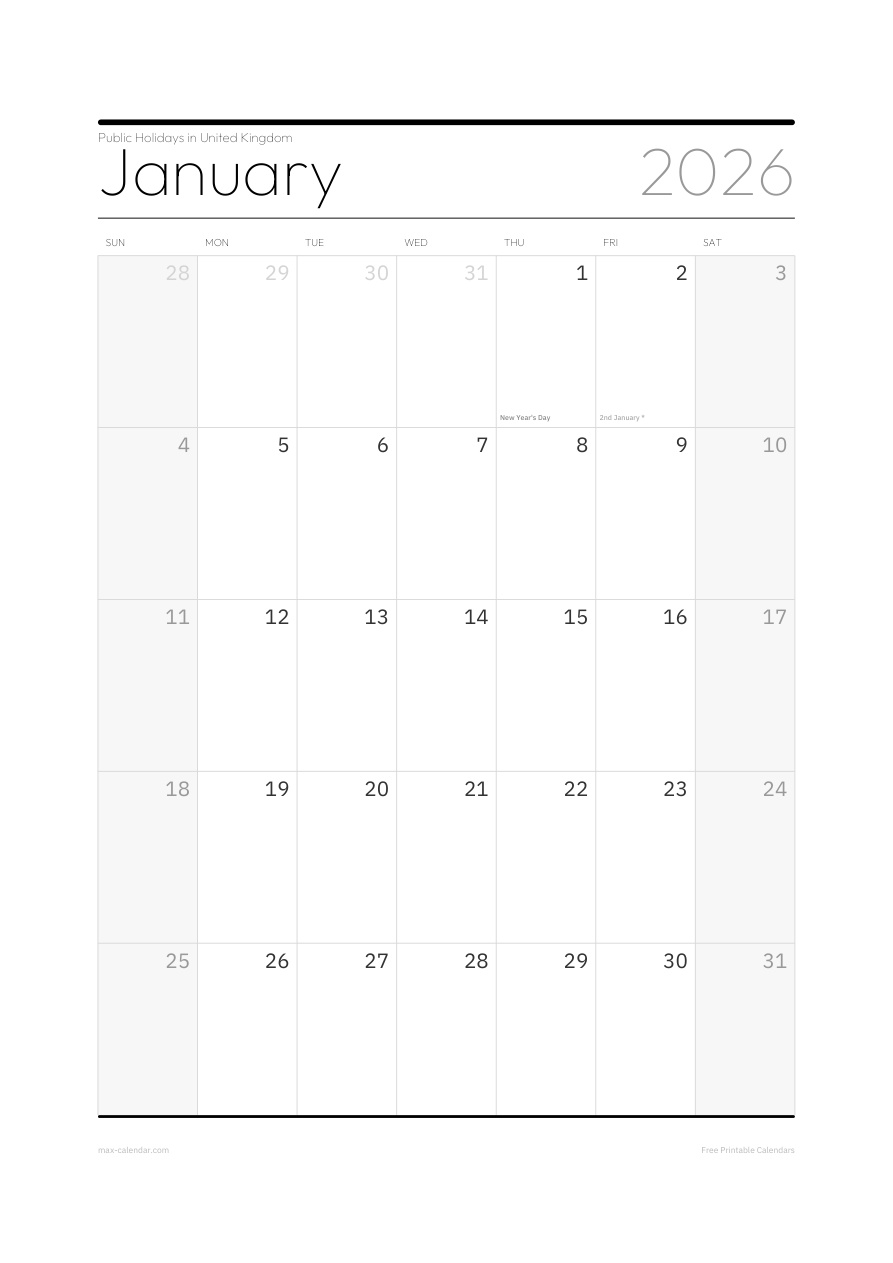 United Kingdom January 2026 holiday calendar — portrait, week starts Sunday